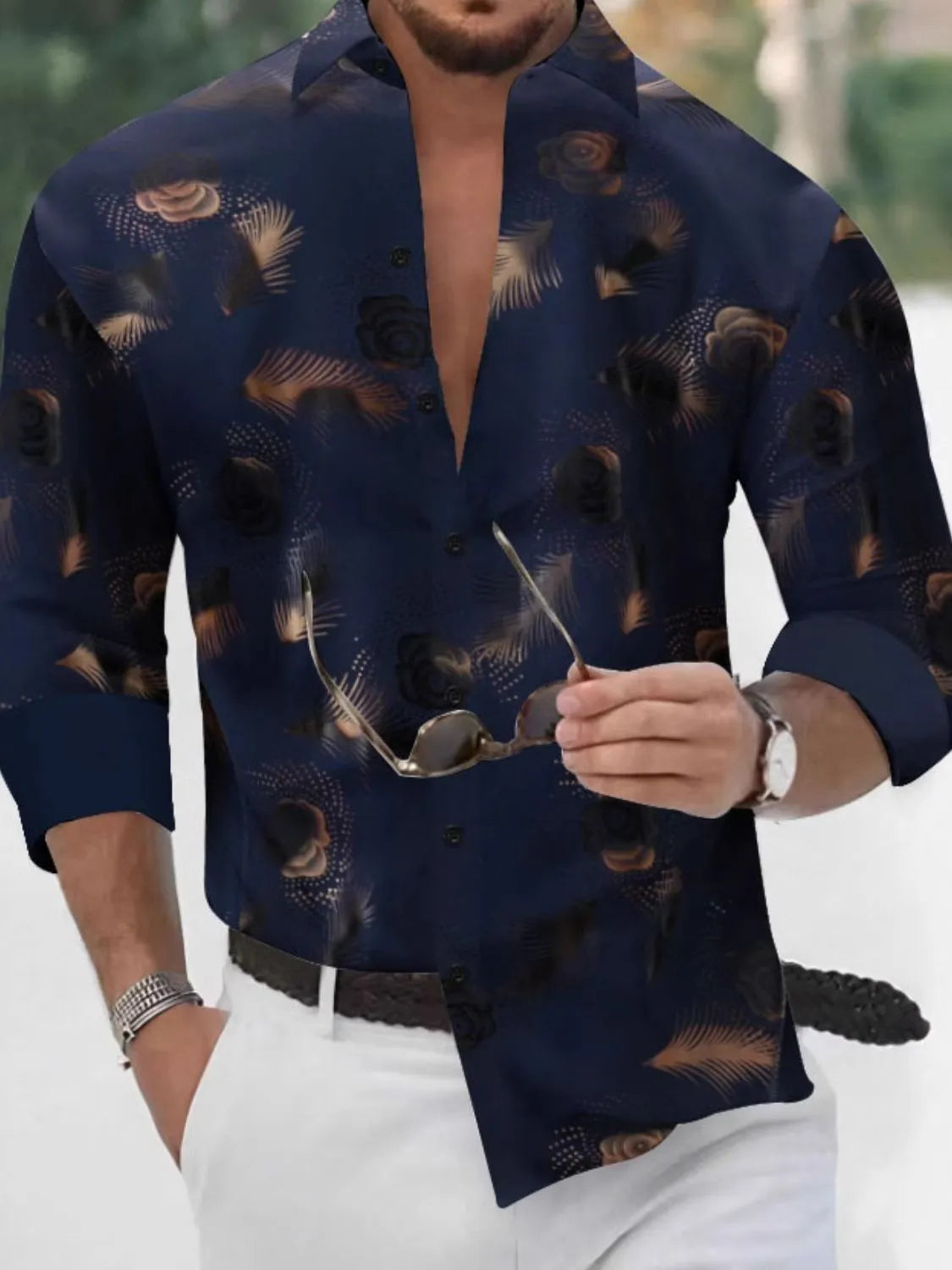 Men's full size button up long sleeve shirt in navy with abstract patterns.