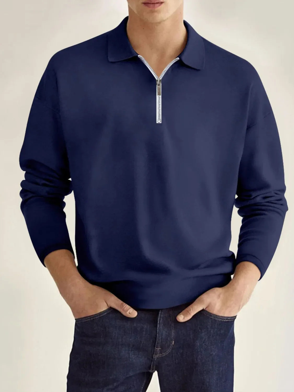 Men's full size collared neck long sleeve polo shirt, navy color, moderate stretch, polyester-cotton blend.