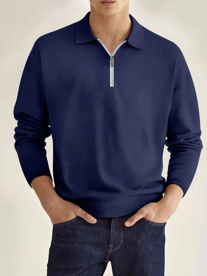 Men's full size collared neck long sleeve polo shirt, navy color, moderate stretch, polyester-cotton blend.
