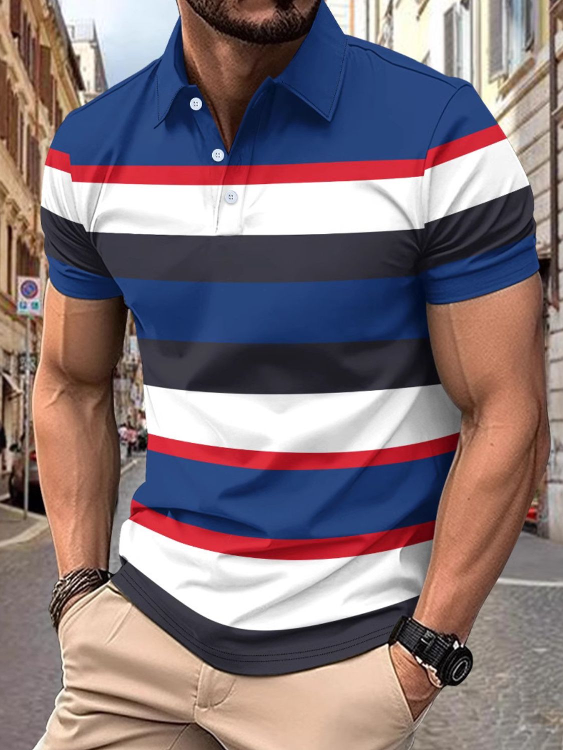 Men's full-size collared short sleeve striped polo shirt in various colors.