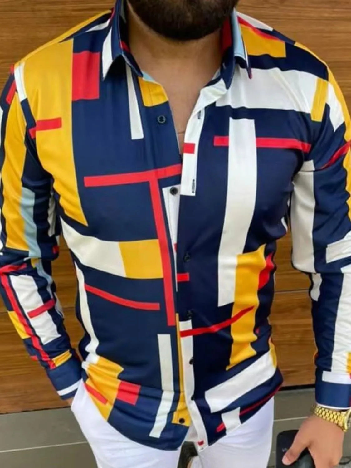Men's full size contrast button-up long sleeve shirt in colorful geometric pattern.