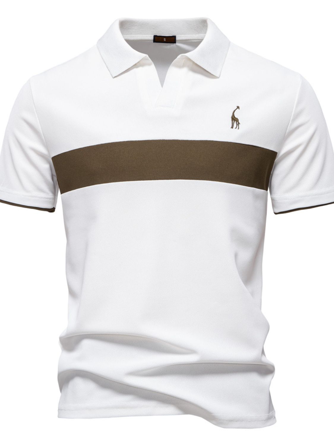 Men's white polo with giraffe embroidery, collared neck, contrast stripe.