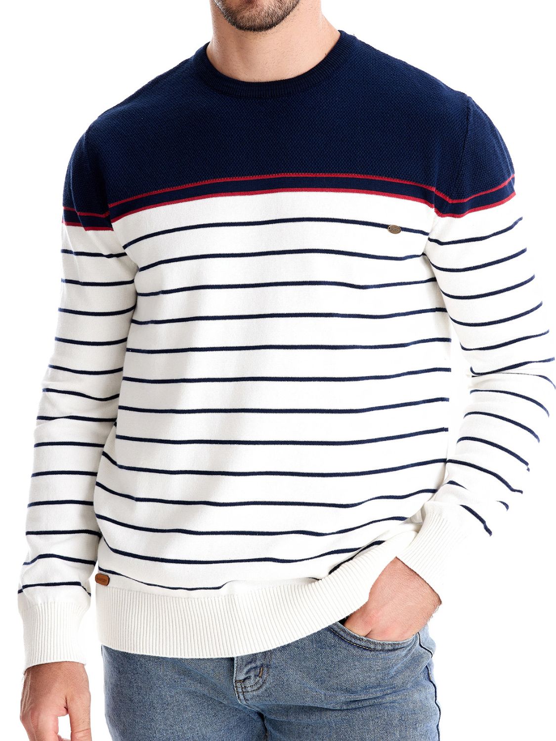 Men's striped round neck long sleeve sweater in navy and white.