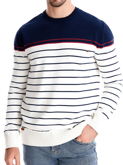 Men's striped round neck long sleeve sweater in navy and white.