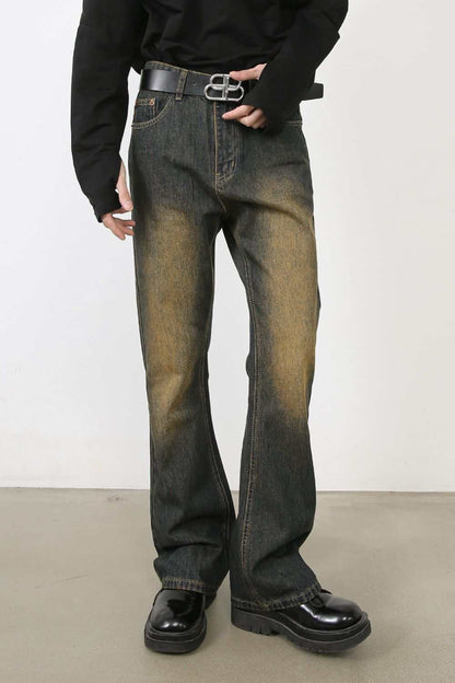 Men's washed bootcut jeans with a basic style, made from cotton, viscose, and polyester blend.