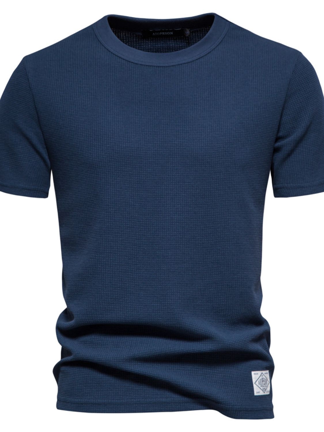 Men's waffle-knit short sleeve t-shirt in navy blue.