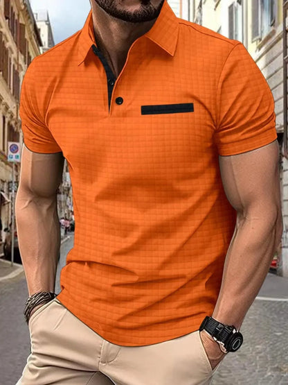 Men's full size collared neck short sleeve polo, orange, slightly stretchy fabric.