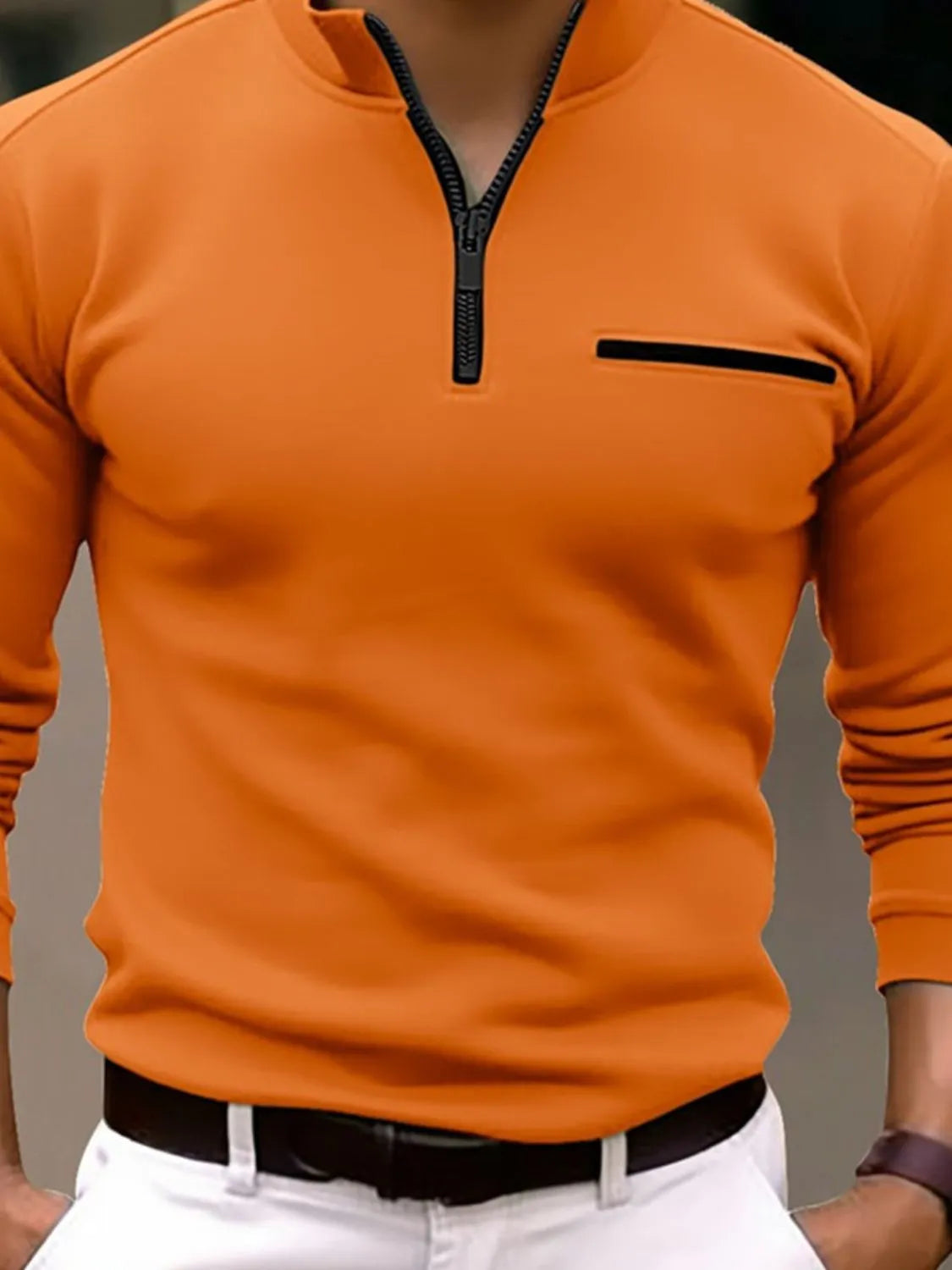 Men's full size quarter zip long sleeve polo in orange.