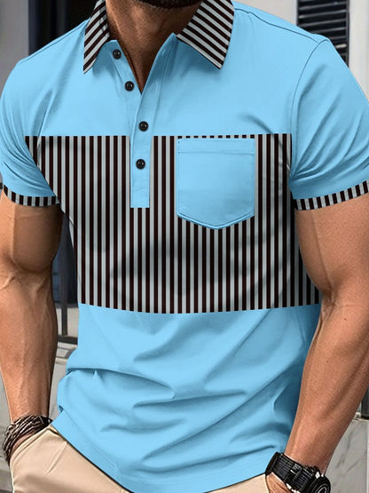 Men's full size collared contrast striped polo in blue with black stripes.