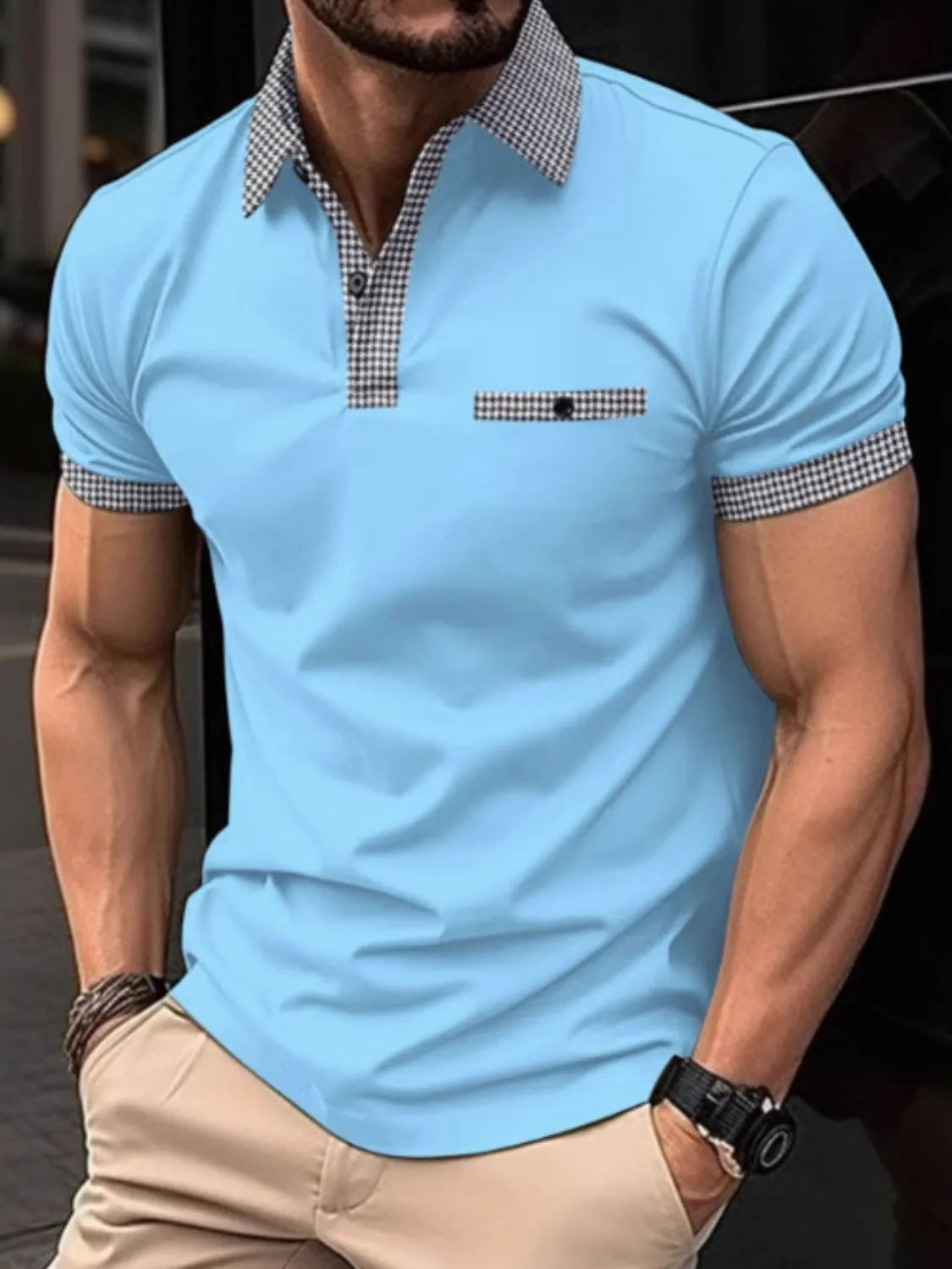 Men's full size collared neck short sleeve polo, slightly stretchy, polyester-cotton blend, basic style.