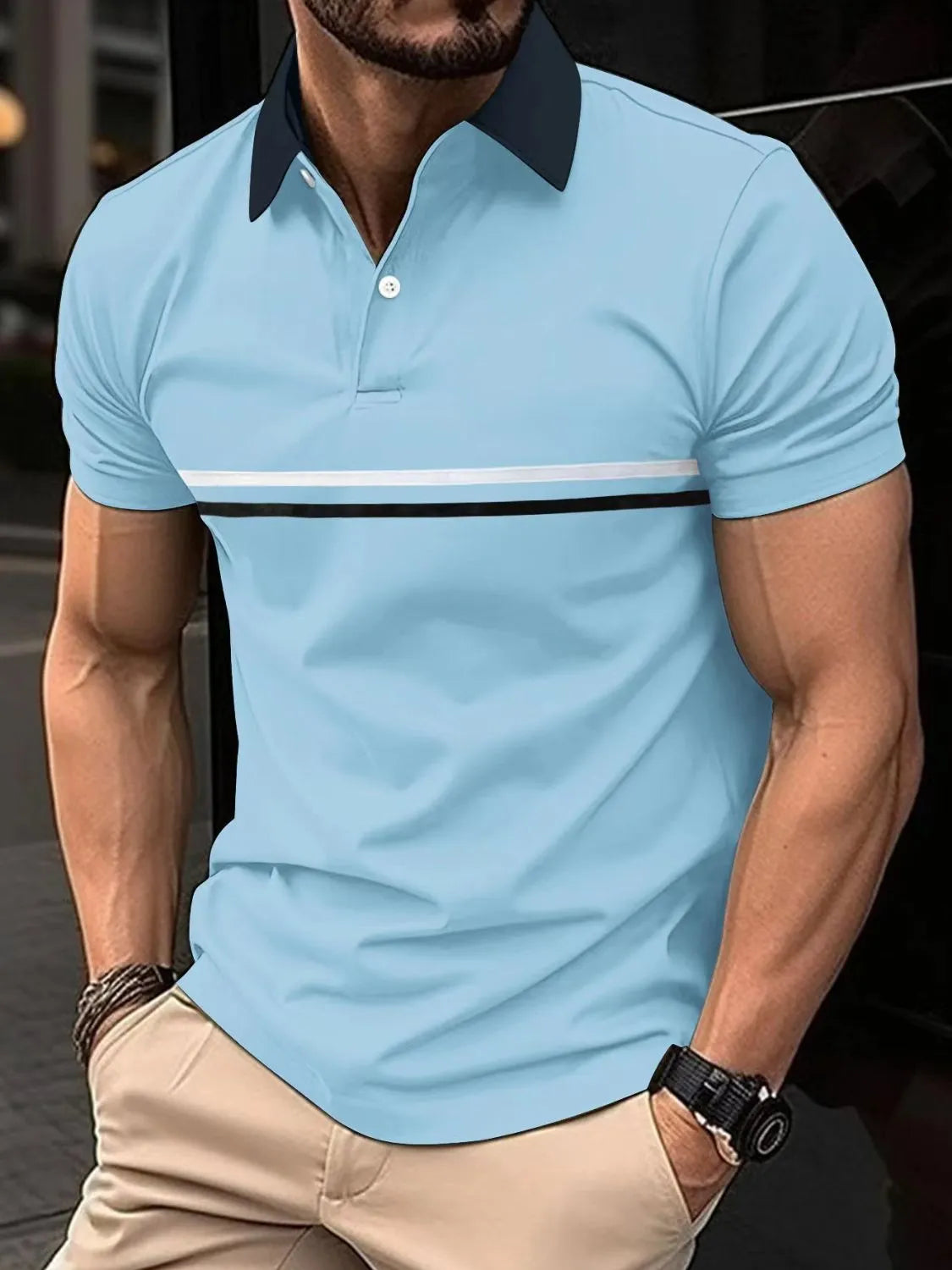 Men's full size collared neck short sleeve polo, light blue with black detailing.