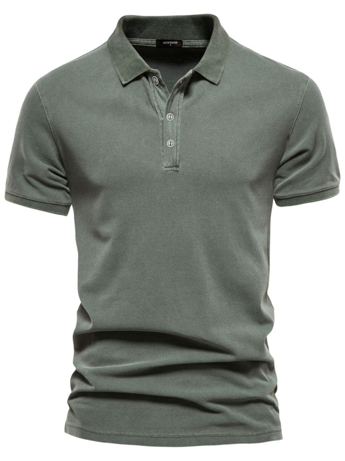 Men's collared neck short sleeve polo with button detail in green, 100% cotton.