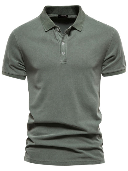 Men's collared neck short sleeve polo with button detail in green, 100% cotton.