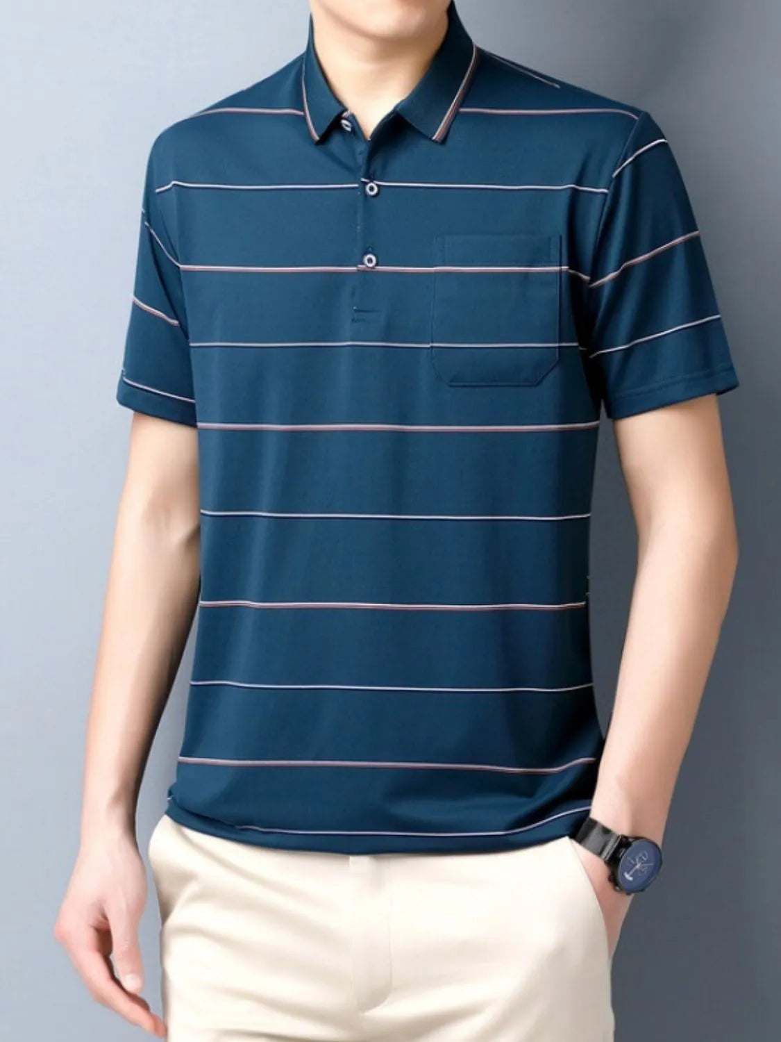 Men's plus size striped collared polo shirt with short sleeves.