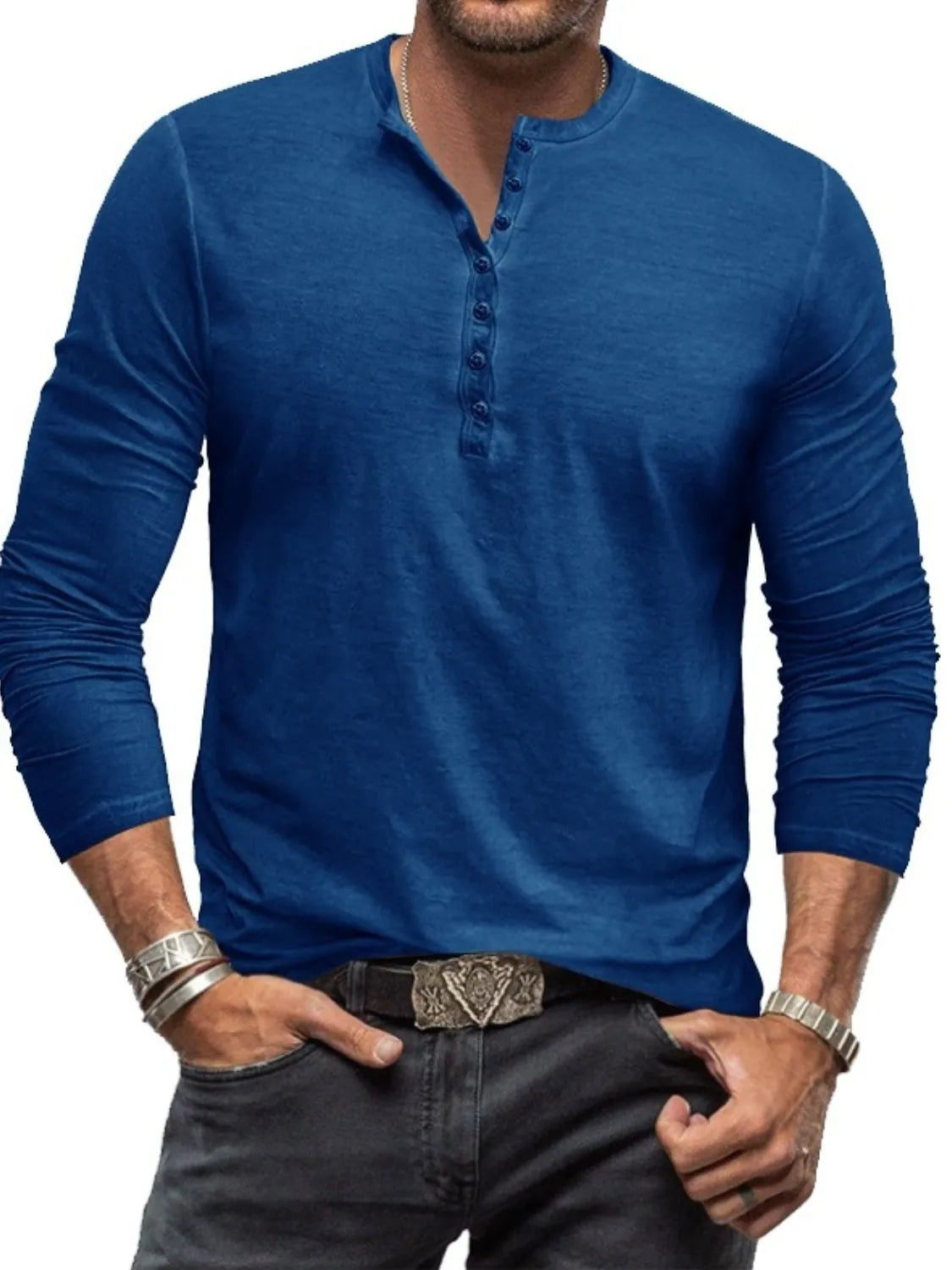 Men's full size blue long sleeve top with button detail, 100% cotton, slightly stretchy.