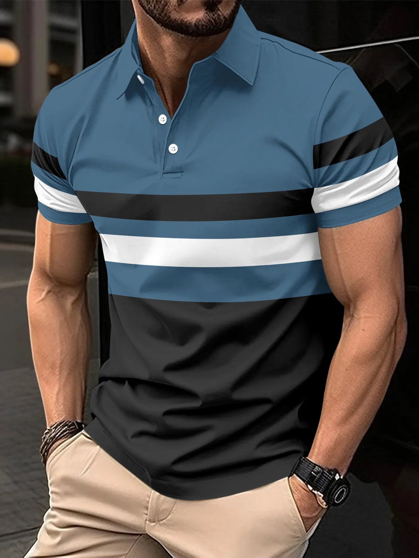 Men's full size collared neck short sleeve polo shirt with striped design.