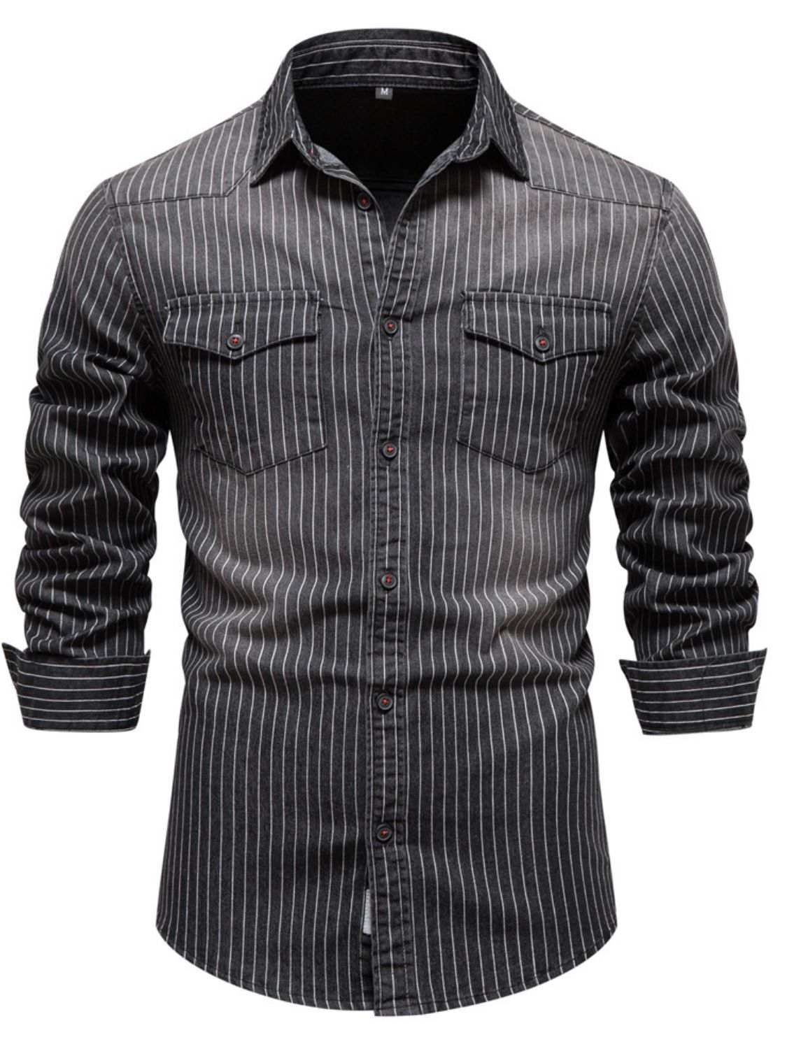 Men's striped collared neck button-down denim shirt with pockets.