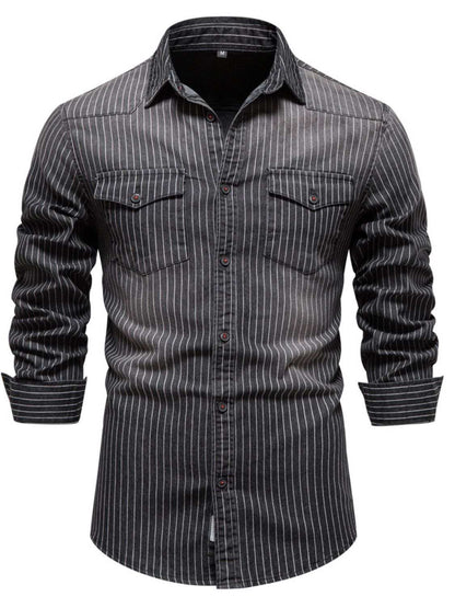 Men's striped collared neck button-down denim shirt with pockets.