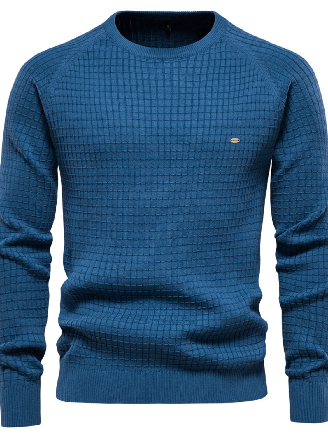 Texture round neck long sleeve sweater in blue with grid pattern design.