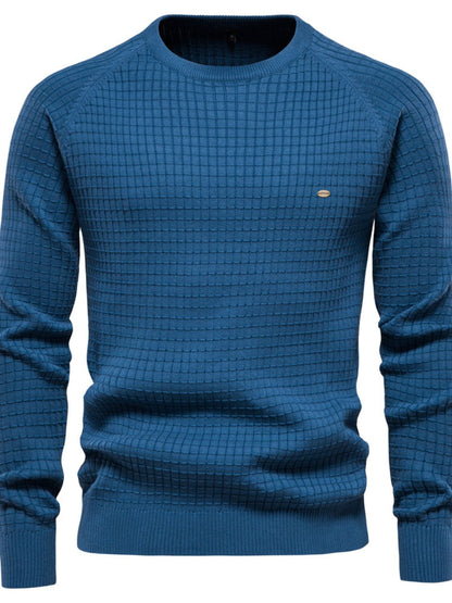 Texture round neck long sleeve sweater in blue with grid pattern design.