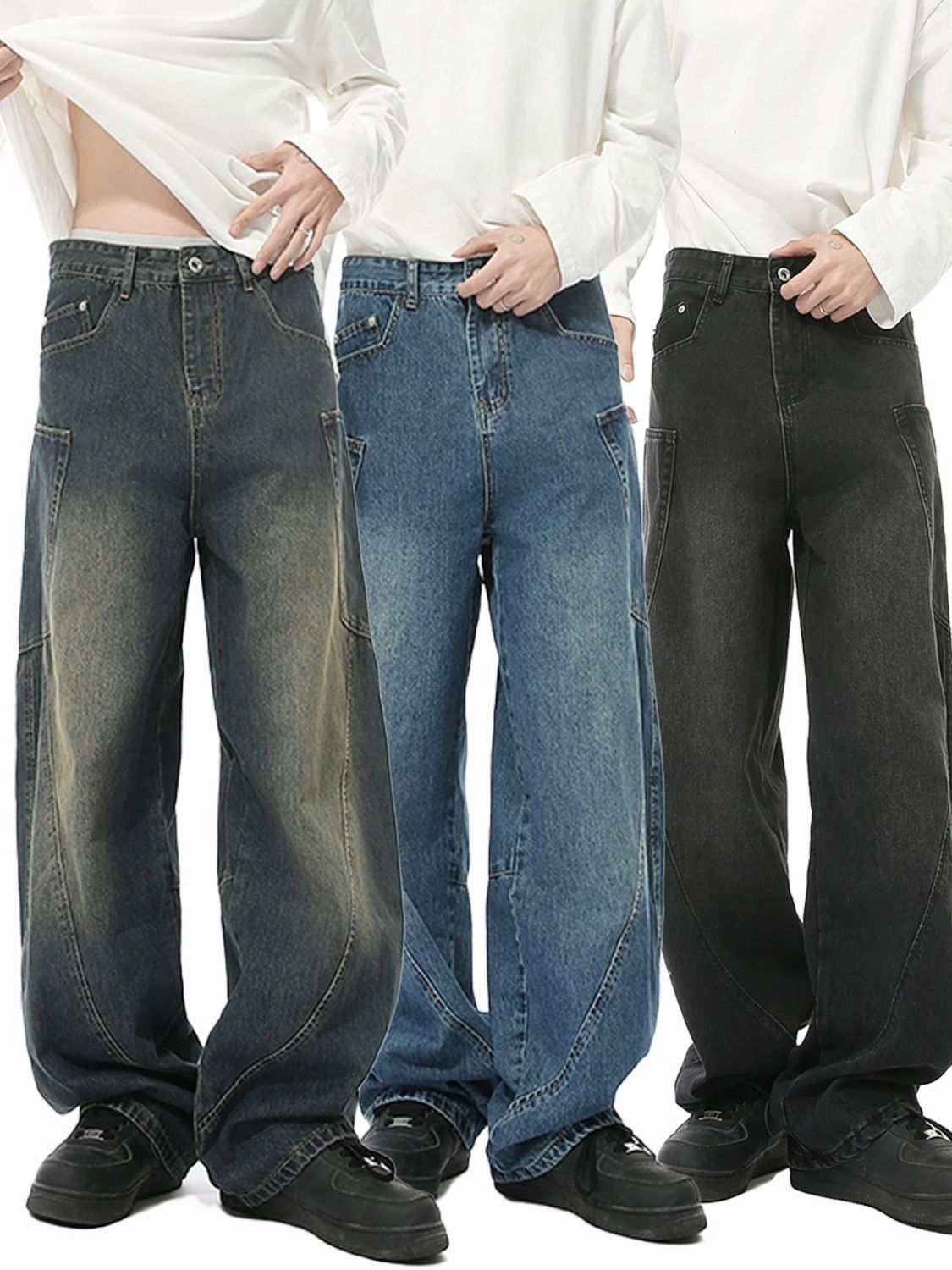Mid rise waist jeans with pockets, available in multiple colors, basic style, no stretch.