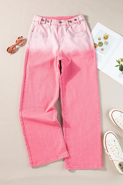 Rhinestone Gradient Straight Jeans with pink ombre design displayed with accessories and shoes.