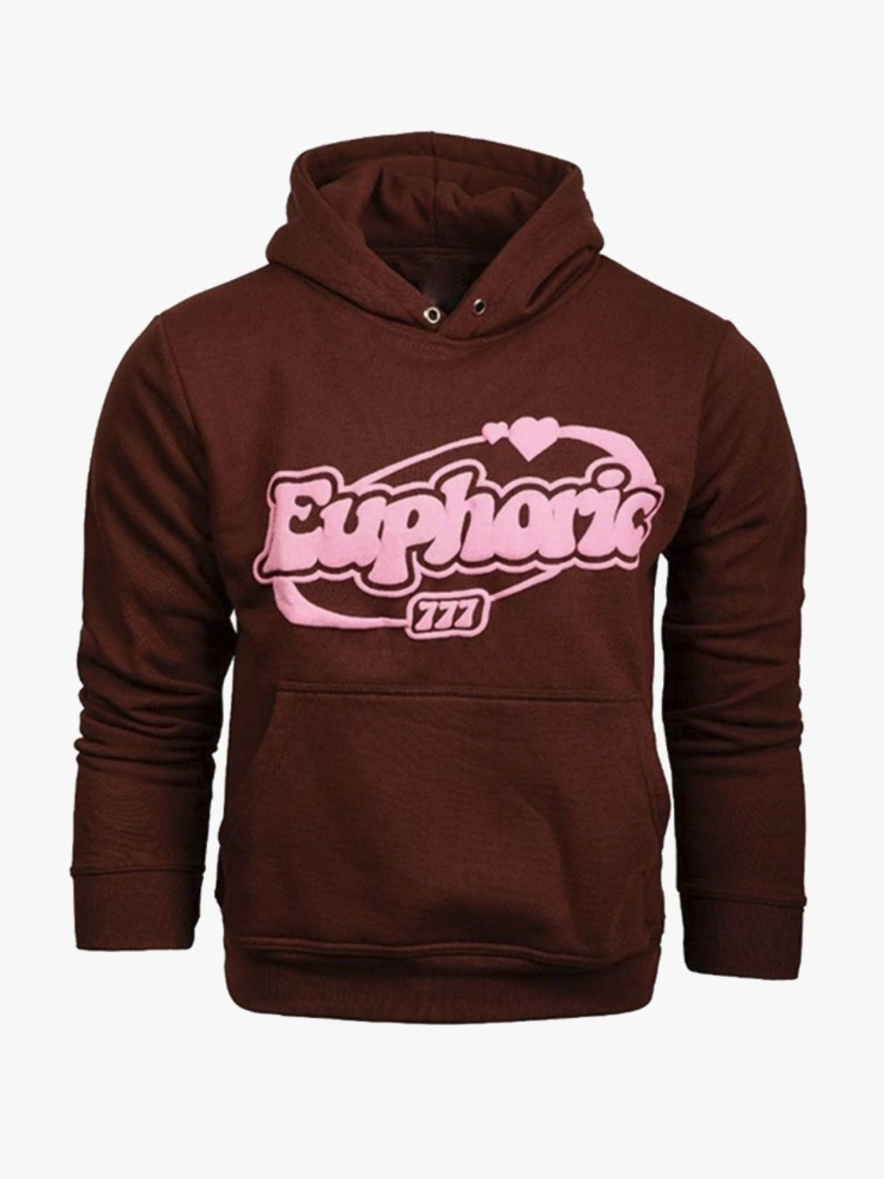 Men's letter graphic long sleeve hoodie in dark color with front pocket and "Euphoric" text design.
