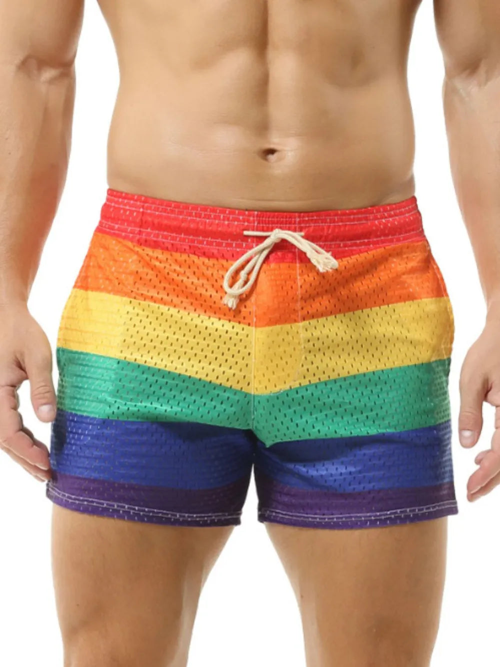 Men's color block drawstring shorts with rainbow design, lightweight polyester-cotton blend.