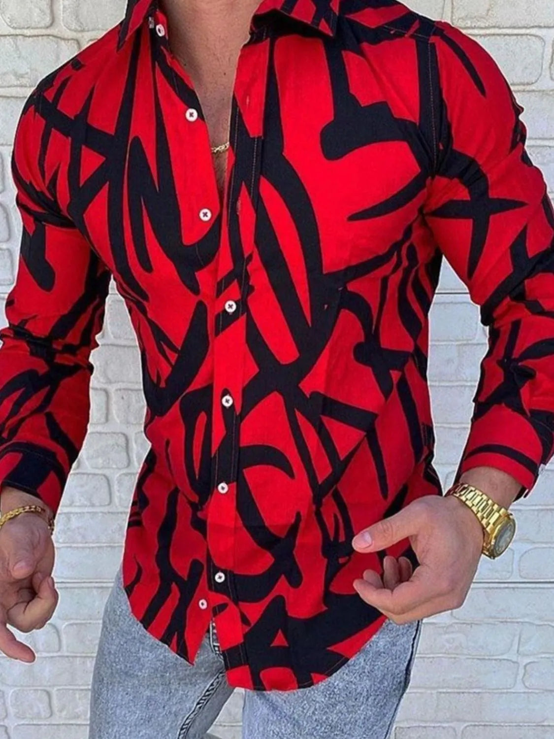 Men's plus size printed button-up long sleeve shirt in red and black pattern.