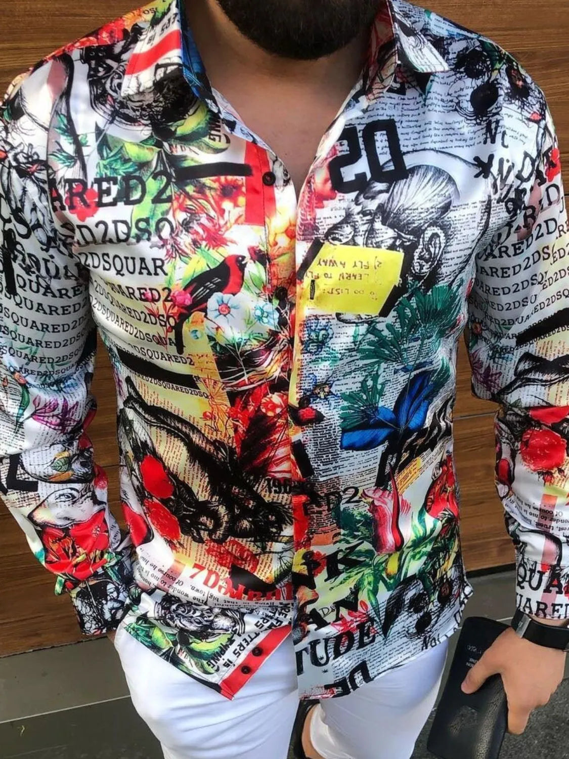Men's full size printed collared neck long sleeve shirt in vibrant colors, slightly stretchy fabric.