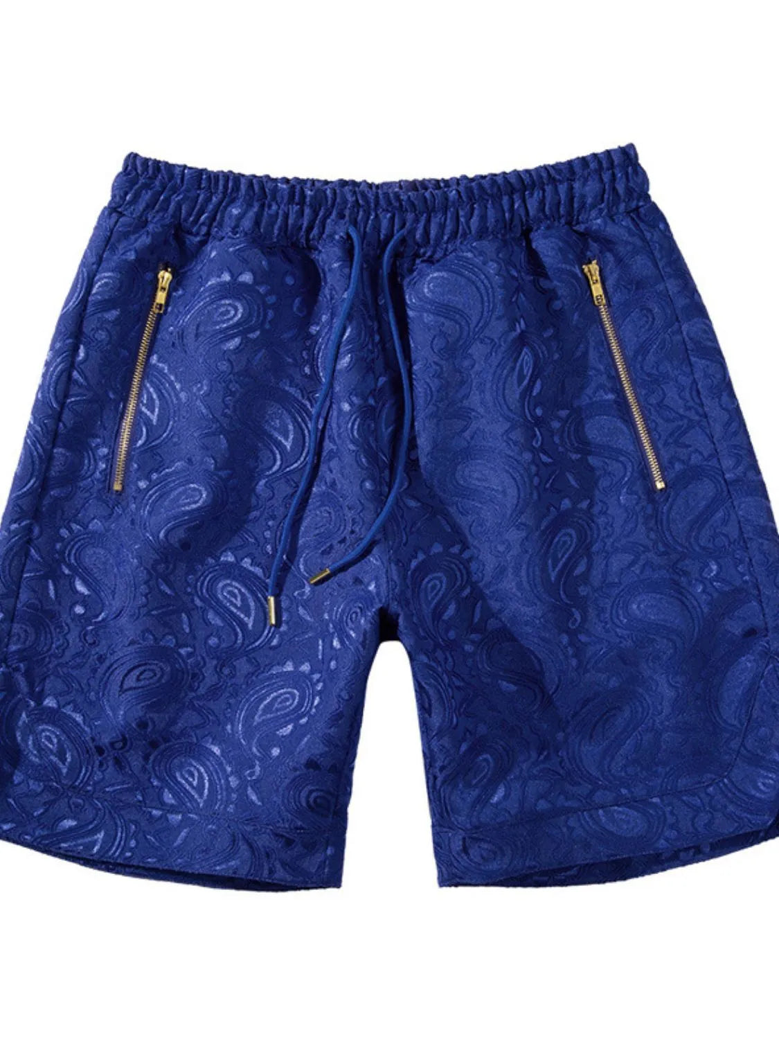 Men's blue drawstring printed shorts with zip pockets.