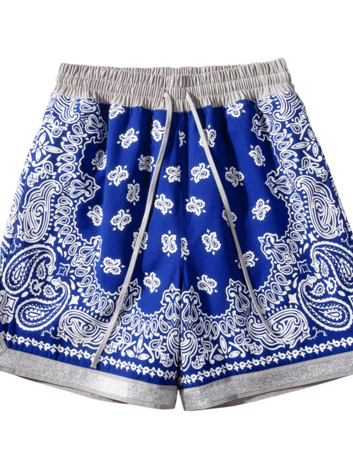 Men's drawstring printed shorts with pockets, blue and white pattern.