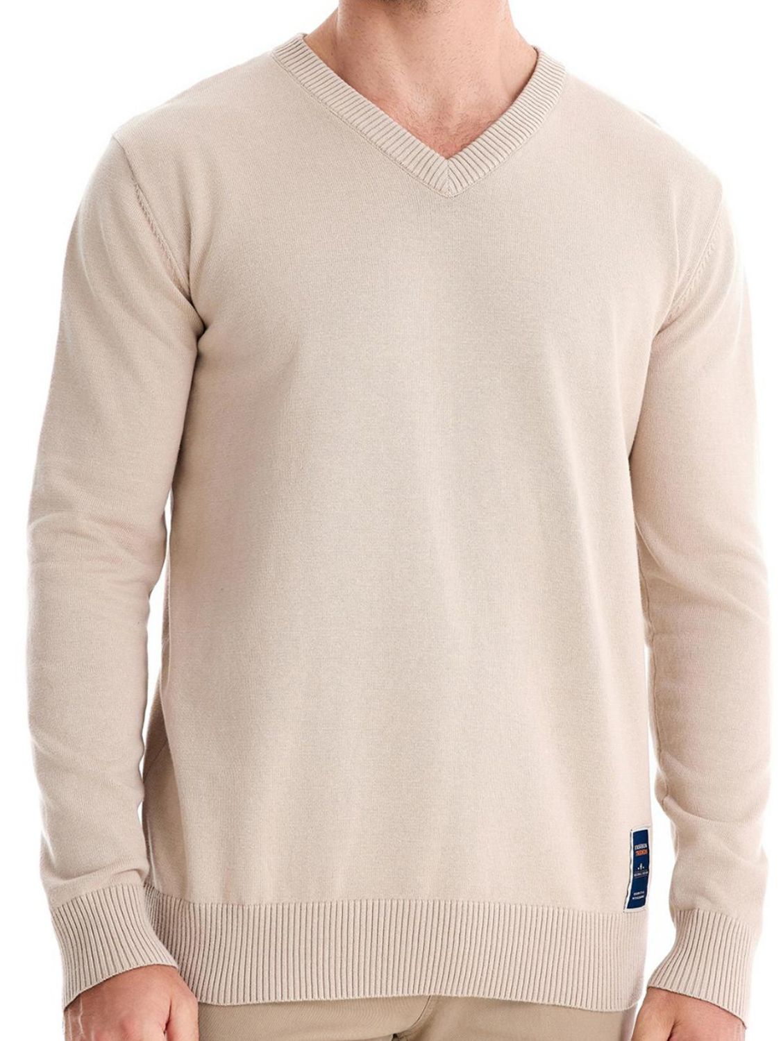 Men's ribbed hem V-neck long sleeve sweater in beige, cotton-elastane blend.