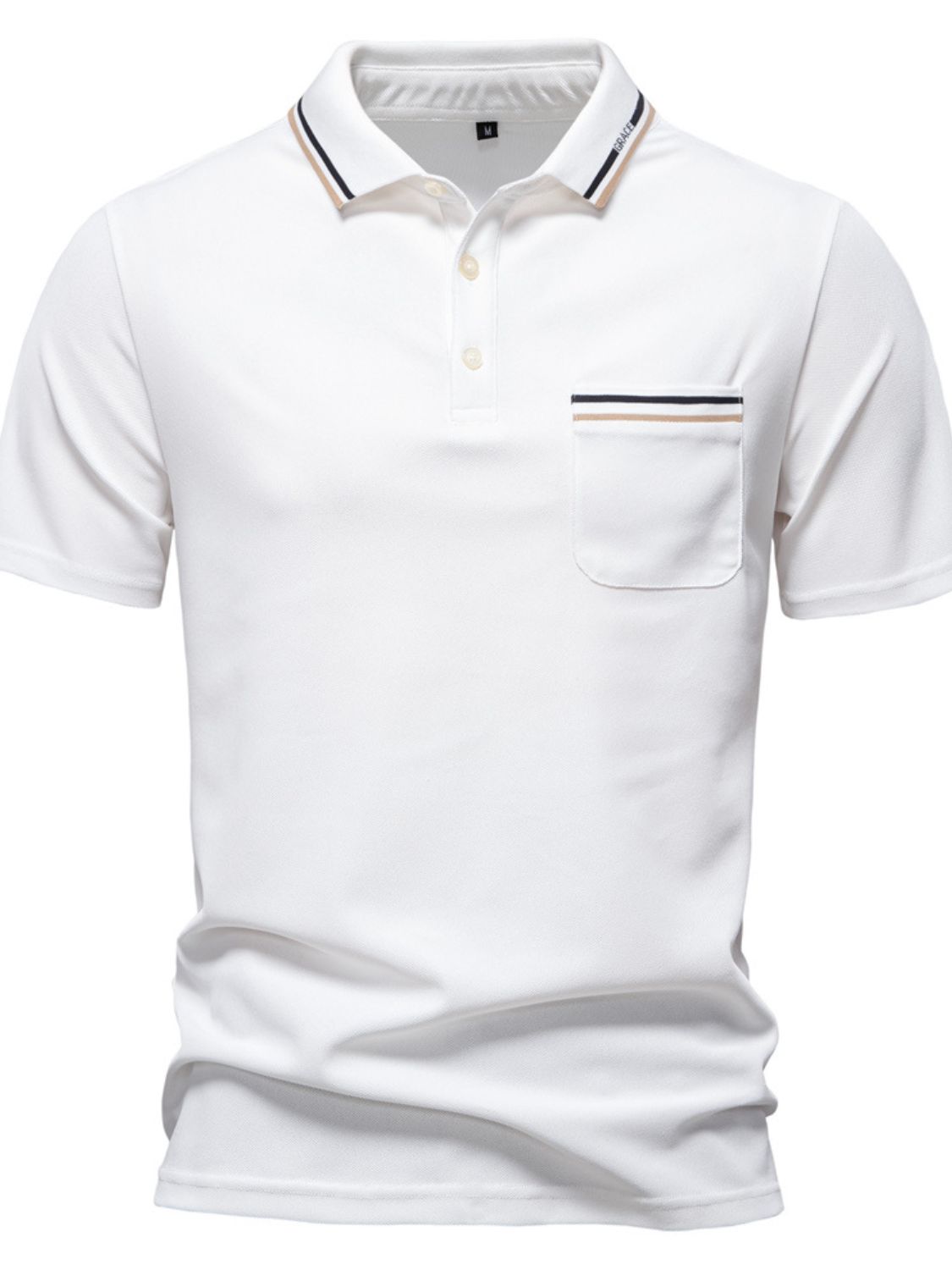 Men's short sleeve collared neck striped polo with pocket, polyester fabric.