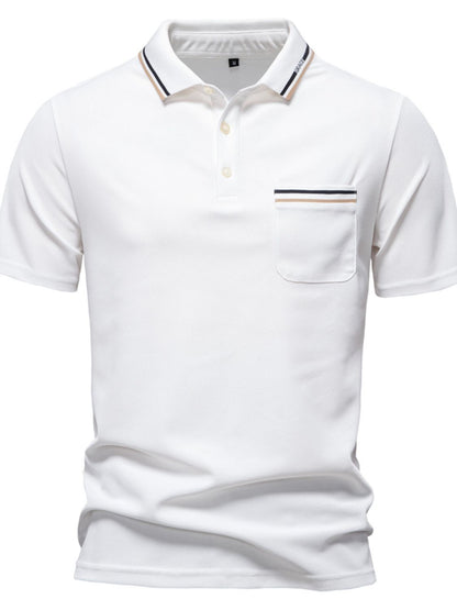 Men's short sleeve collared neck striped polo with pocket, polyester fabric.