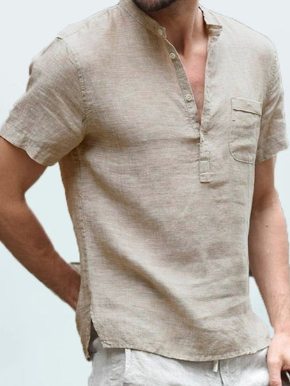 Men's full size half button short sleeve polo in beige, plus size.