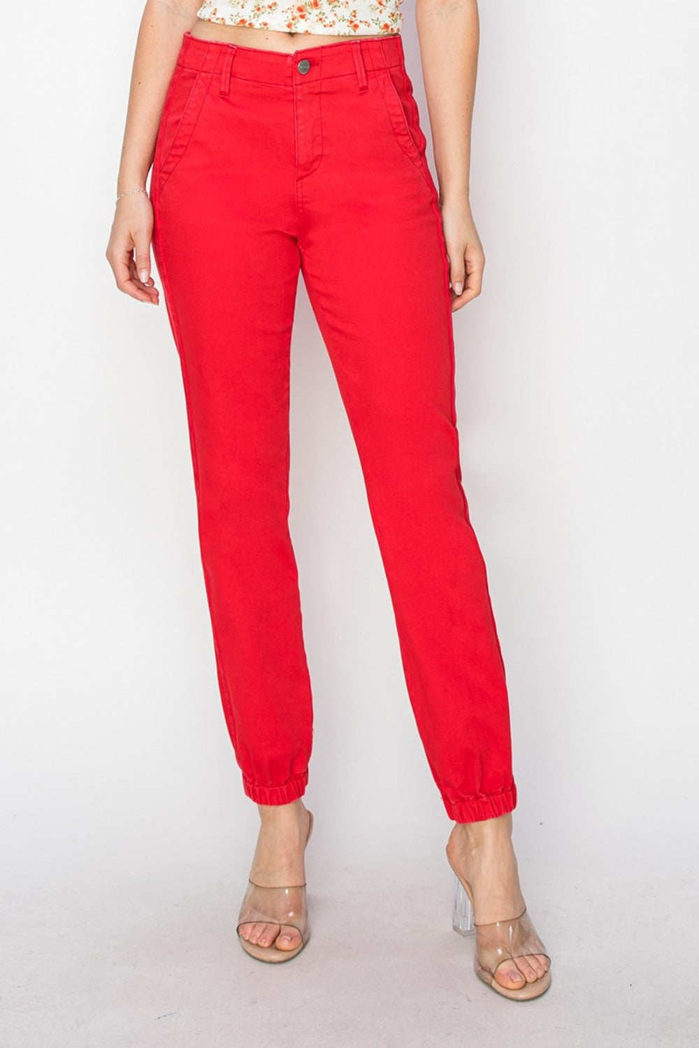 RISEN Full Size High Waisted Jogger Jeans in red with tapered legs and elasticized cuffs, ideal for showcasing footwear.