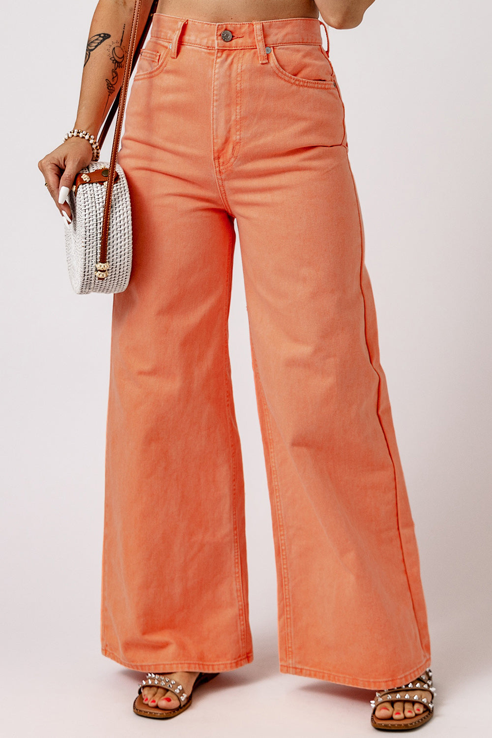 Wide leg high waist jeans in orange, cotton blend, no stretch.