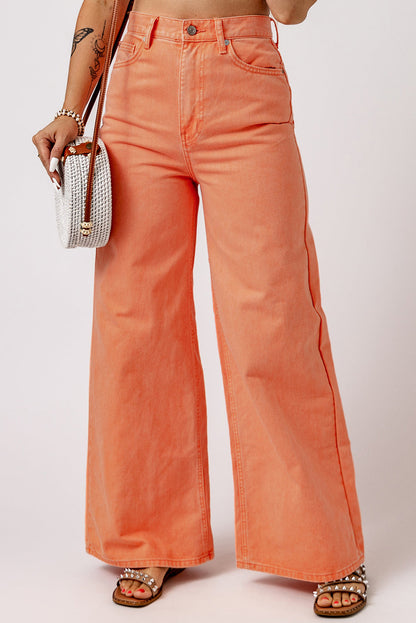Wide leg high waist jeans in orange, cotton blend, no stretch.