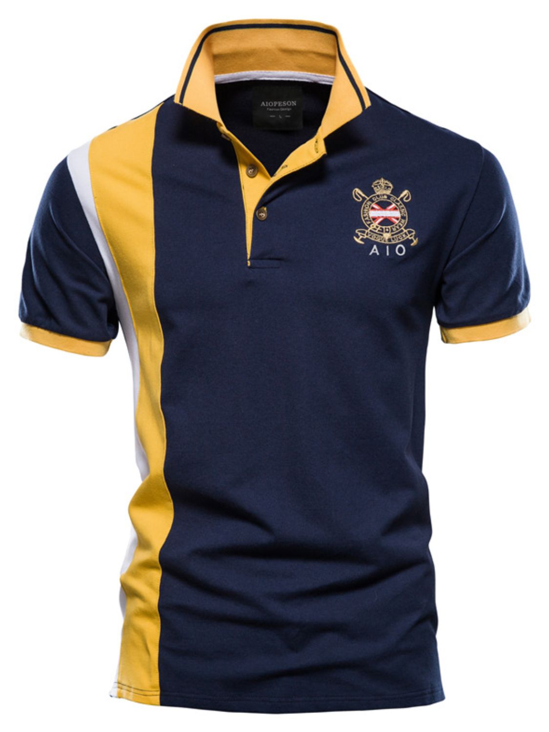 Men's embroidered collared neck striped contrast polo with embroidered detailing.