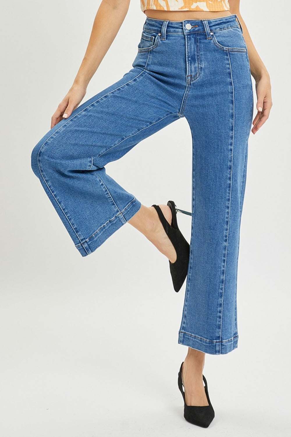 RISEN Full Size High Rise Wide Leg Jeans with pockets in blue denim.