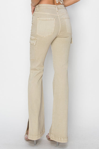 Full size high rise side slit cargo bootcut jeans with pockets.