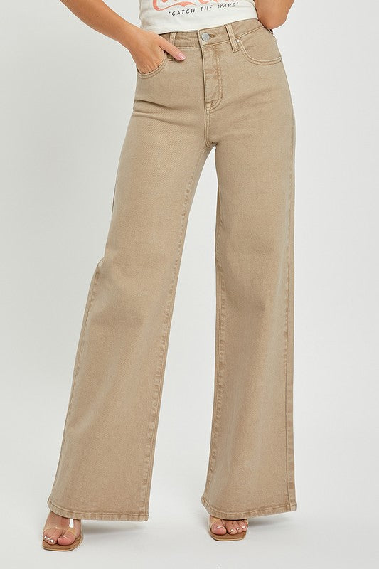 Tummy control high rise wide leg jeans plus size in beige, offering a slimming effect and stylish silhouette.