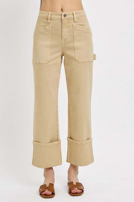 Full Size High Rise Wide Straight Cuffed Patch Jeans Plus Size.