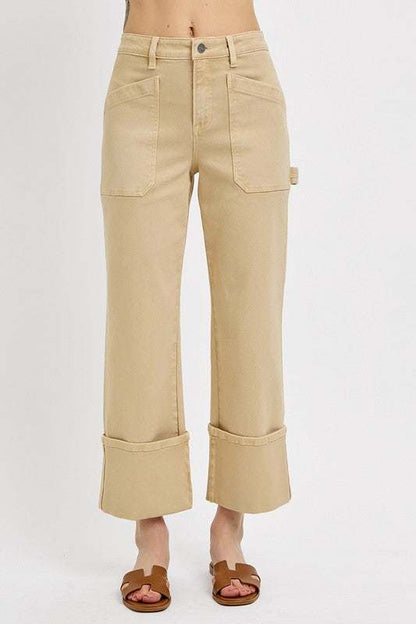 Full Size High Rise Wide Straight Cuffed Patch Jeans Plus Size.