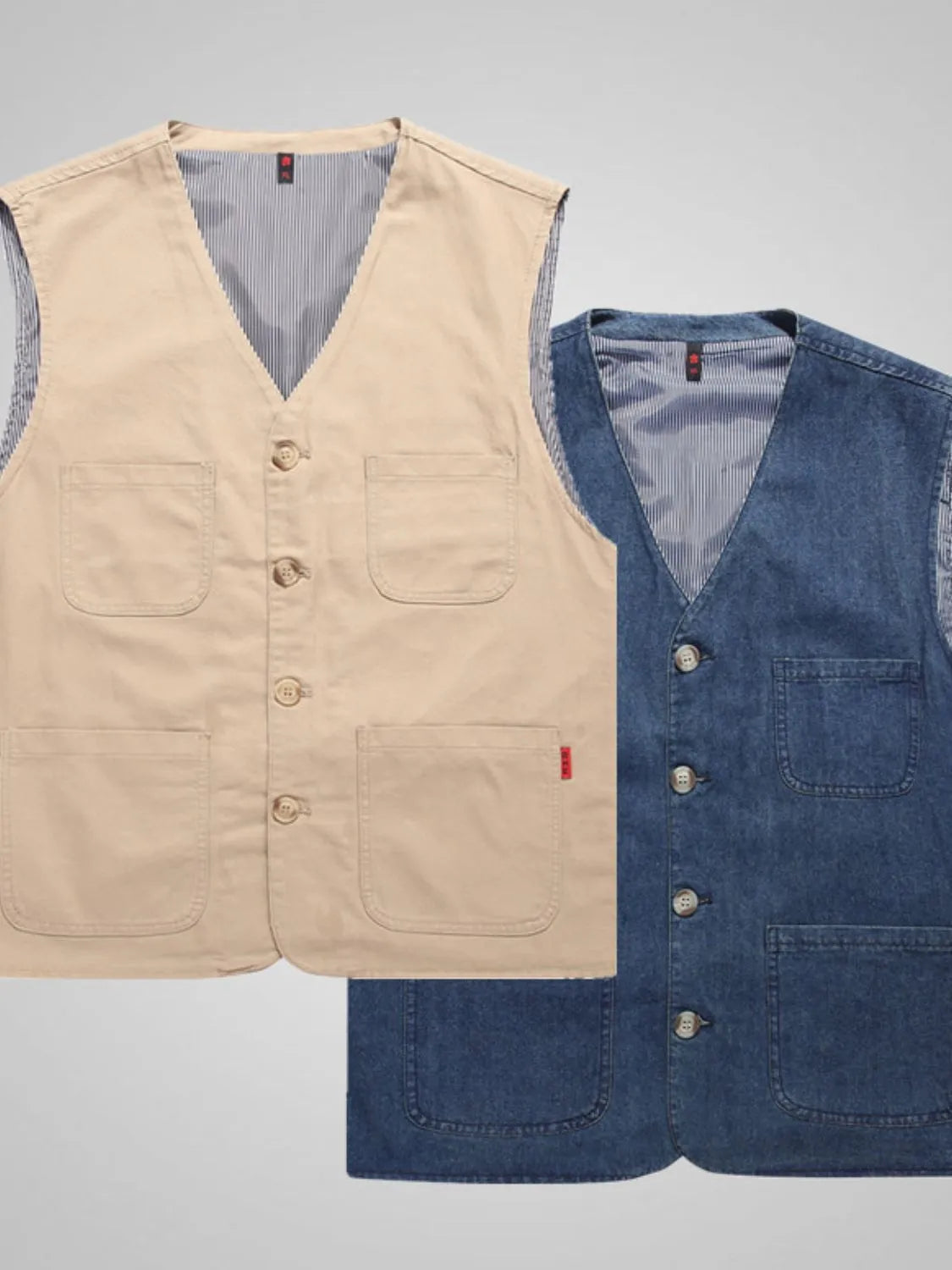 Men's plus size button up vest in beige and blue, slightly stretchy cotton blend.