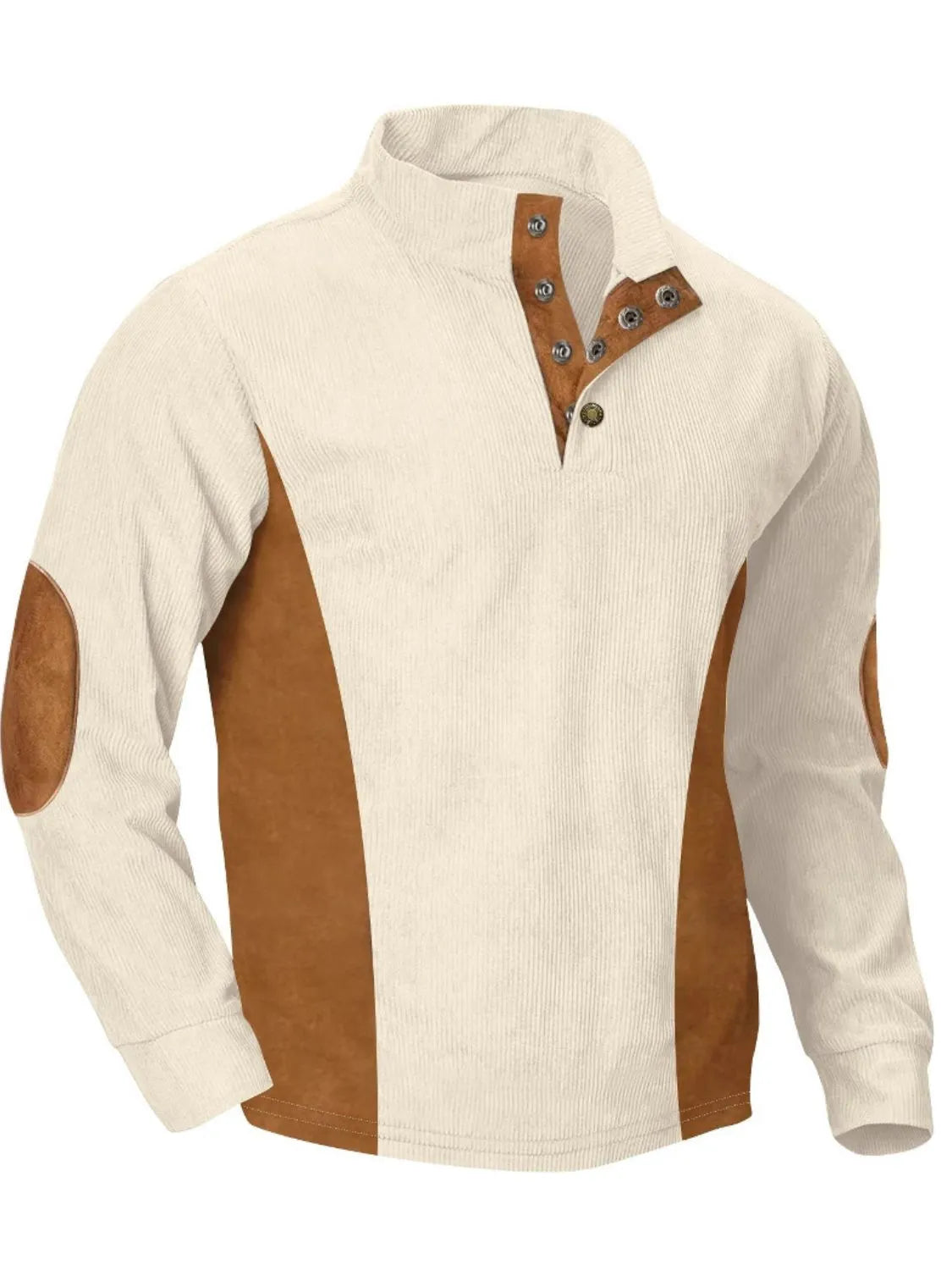 Men's full size contrast quarter snap long sleeve top, slightly stretchy, polyester-cotton blend.
