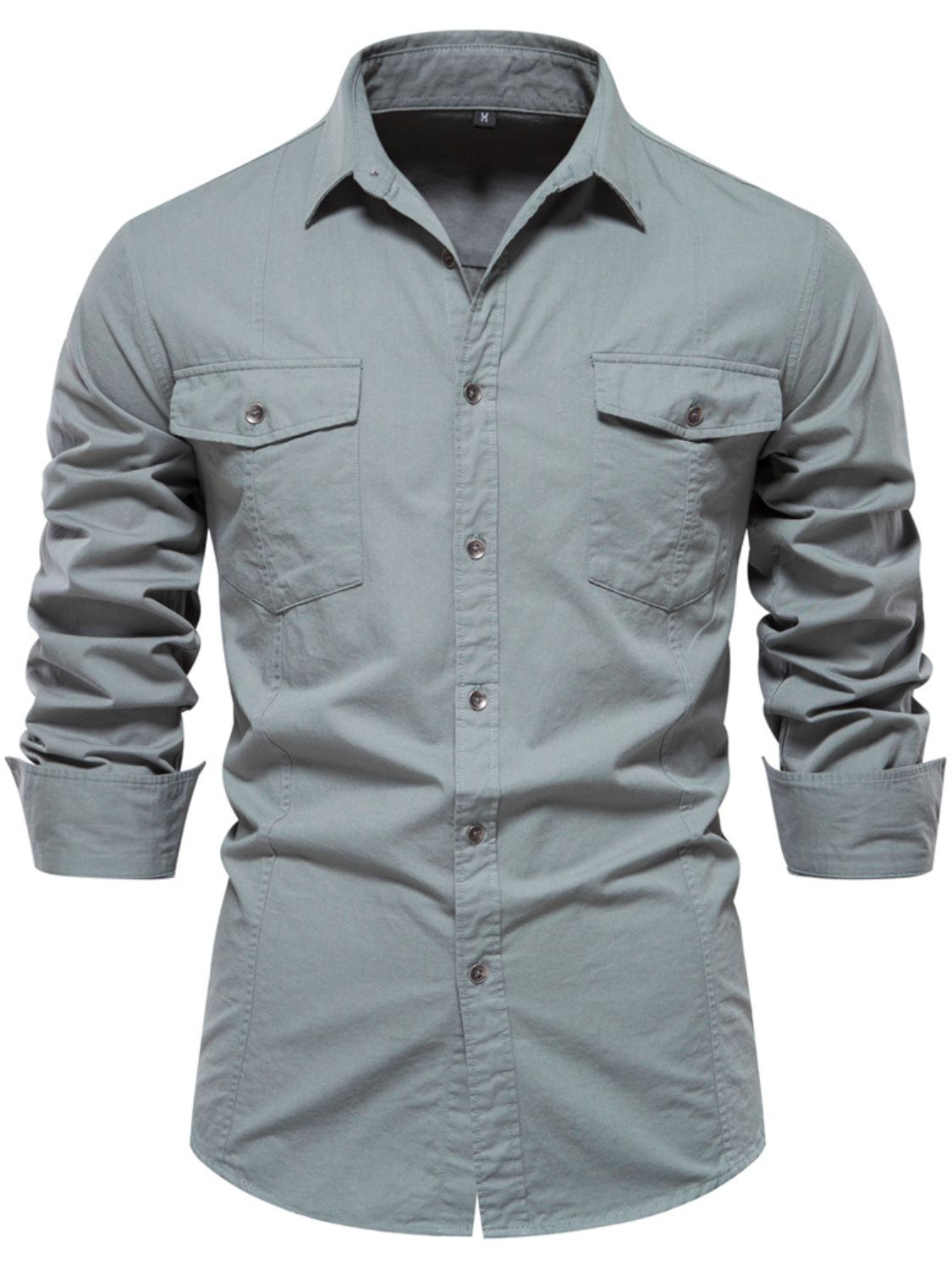 Men's button down collared neck shirt in light gray, 100% cotton, basic style with slight stretch.