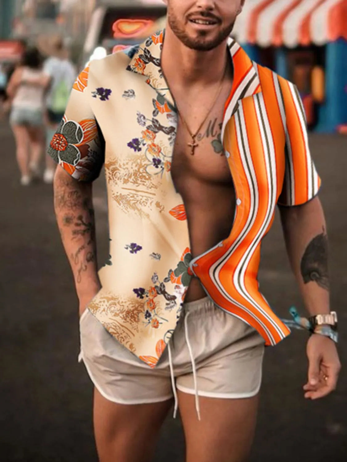 Men's Full Size Printed Button Up Short Sleeve Shirt with floral and stripe patterns.