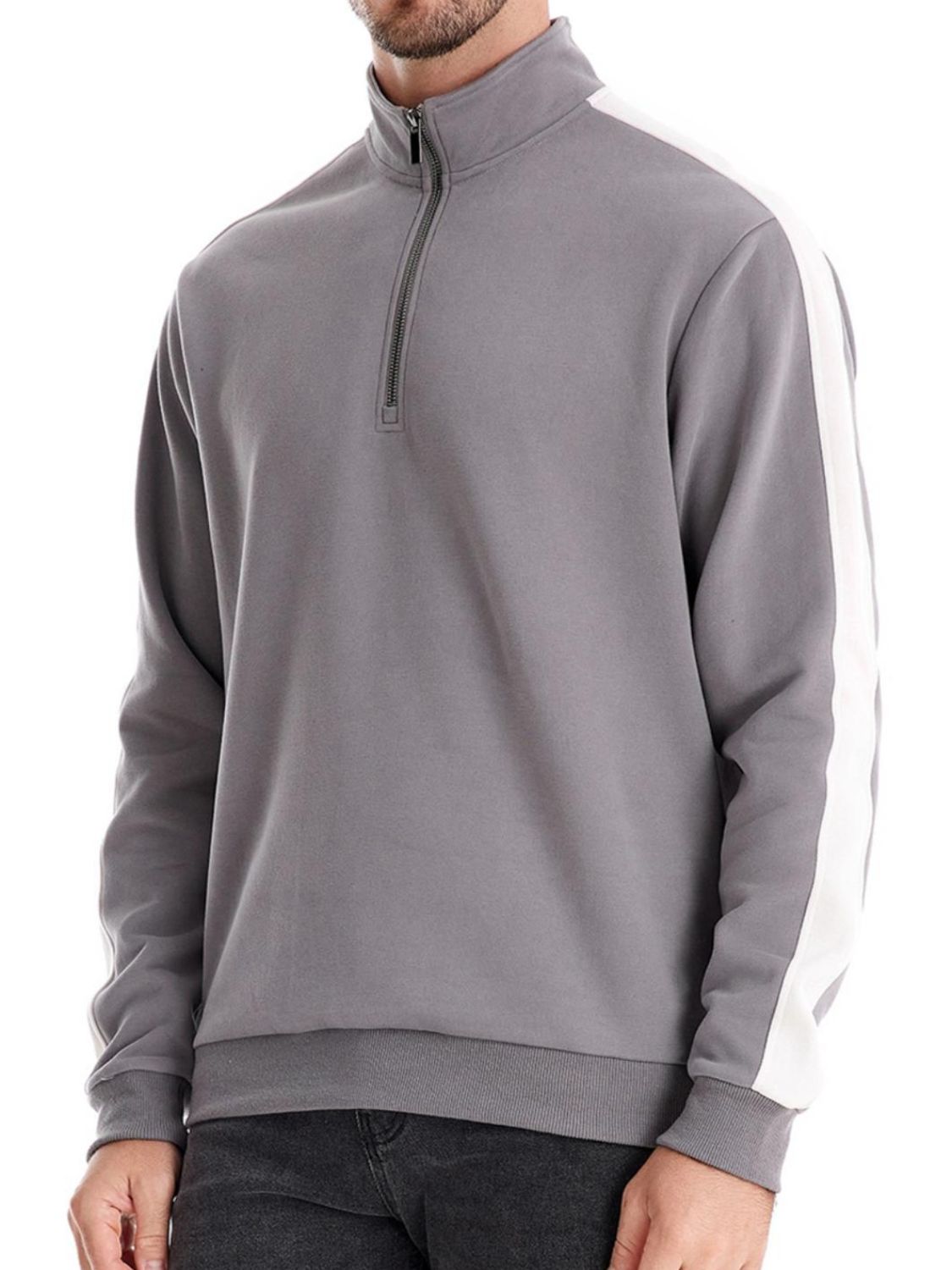Men's contrast striped long sleeve sweatshirt with zipper, gray color.